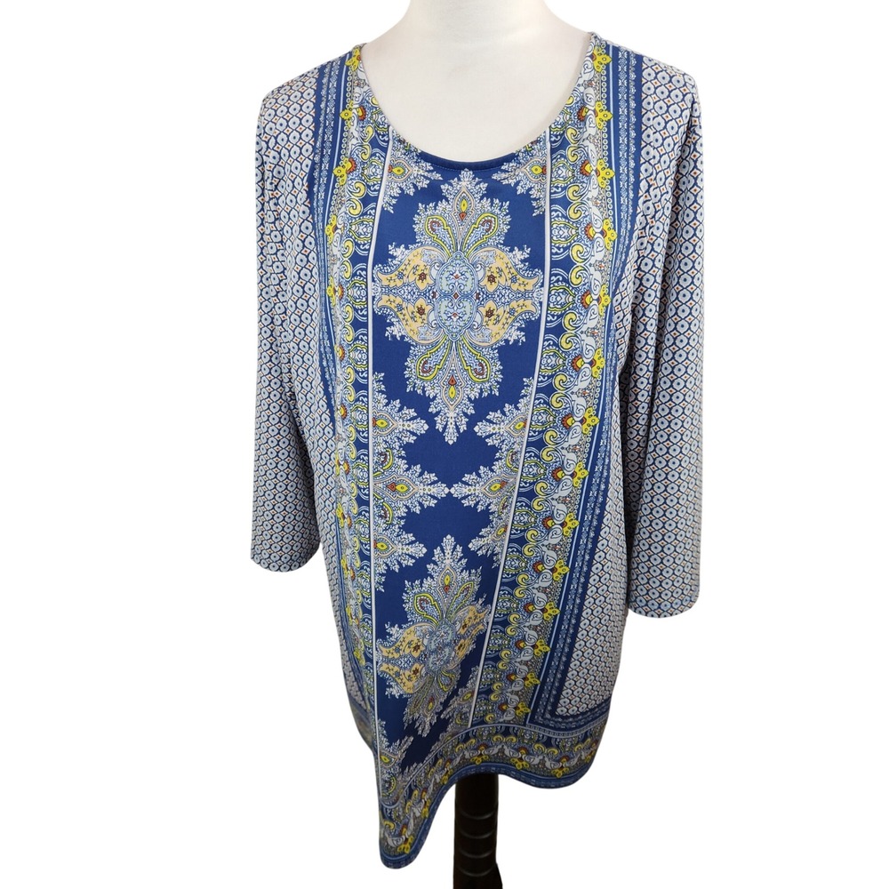 Peck & Peck Women's XL Long Sleeve Tunic Top Blue White Paisley Geo Print Blouse